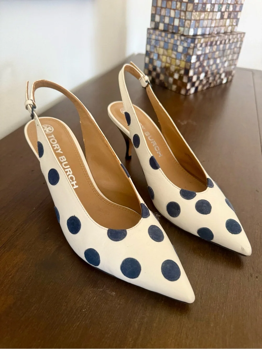 Tory Burch Cream Slingback Pumps with Navy Polka Dots